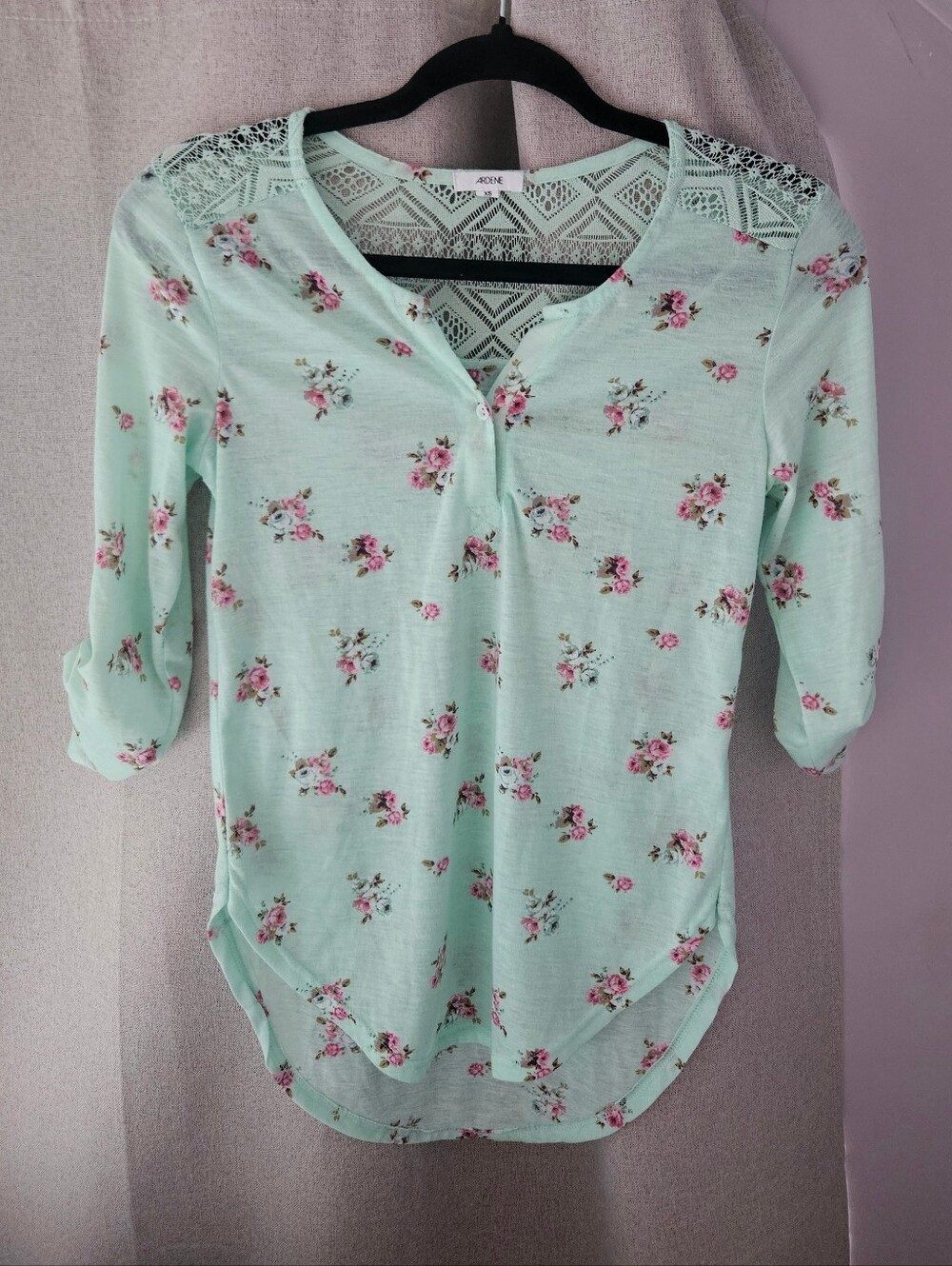 Ardene Mint Floral Lace-Shoulder Henley Top
